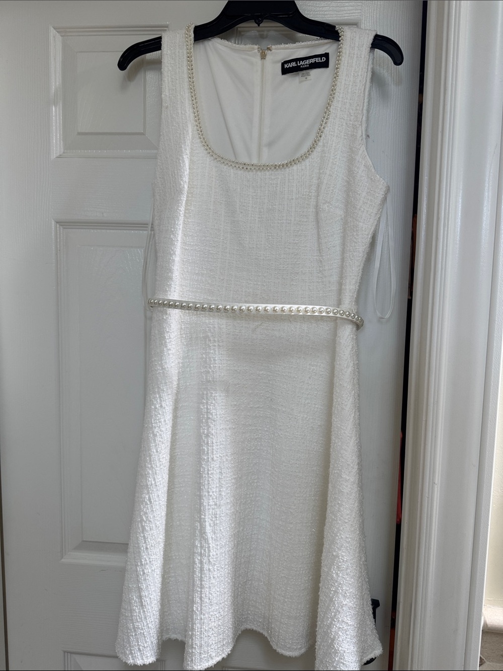 Karl Lagerfeld White Textured Sleeveless A-Line Midi Dress with Pearl Trim